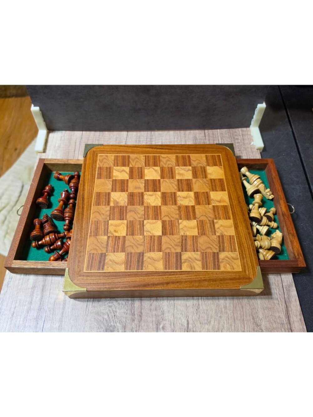 Vintage Wooden Inlaid Chess Set Tablette - 10" Travel Case with Storage Drawers